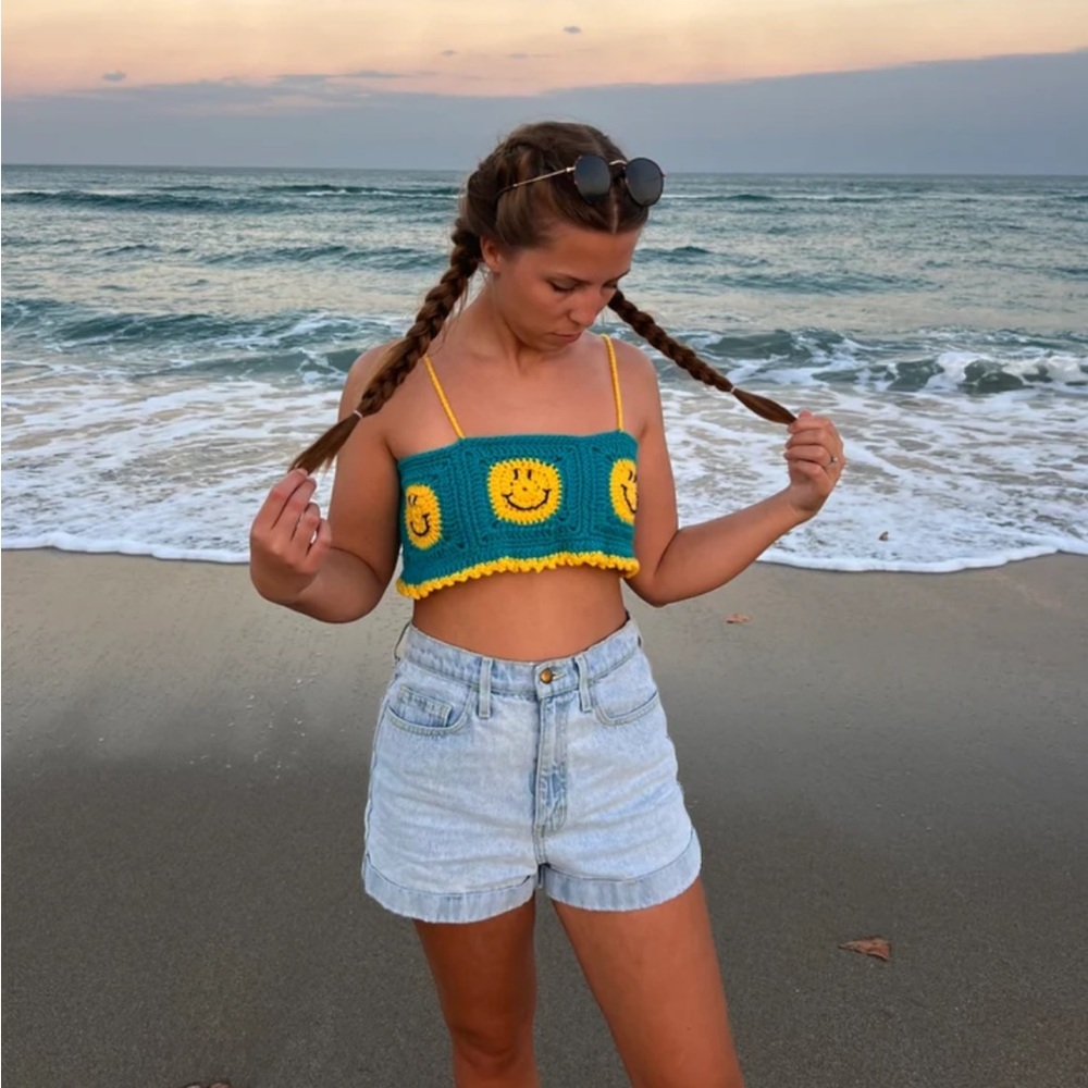Blue & Yellow Crochet Smiley Crop Top